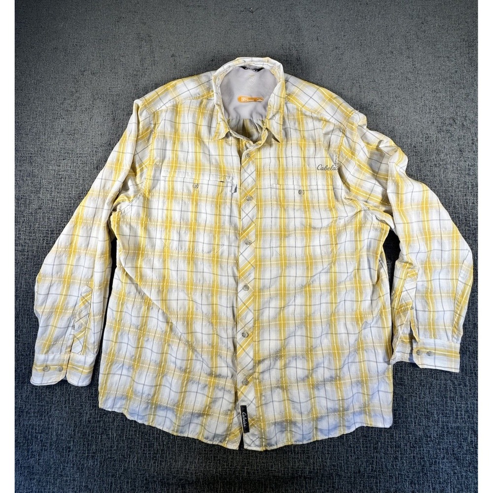Cabelas XPG Insect Defense Shirt Yellow Gray Plaid Nylon Poly Blend Mens XL